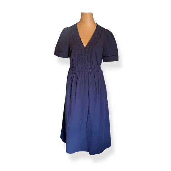 Boden Women’s Trim Double Cloth Dress Navy Blue Sz 10P Midi Romantic Cottagecore - Picture 5 of 16